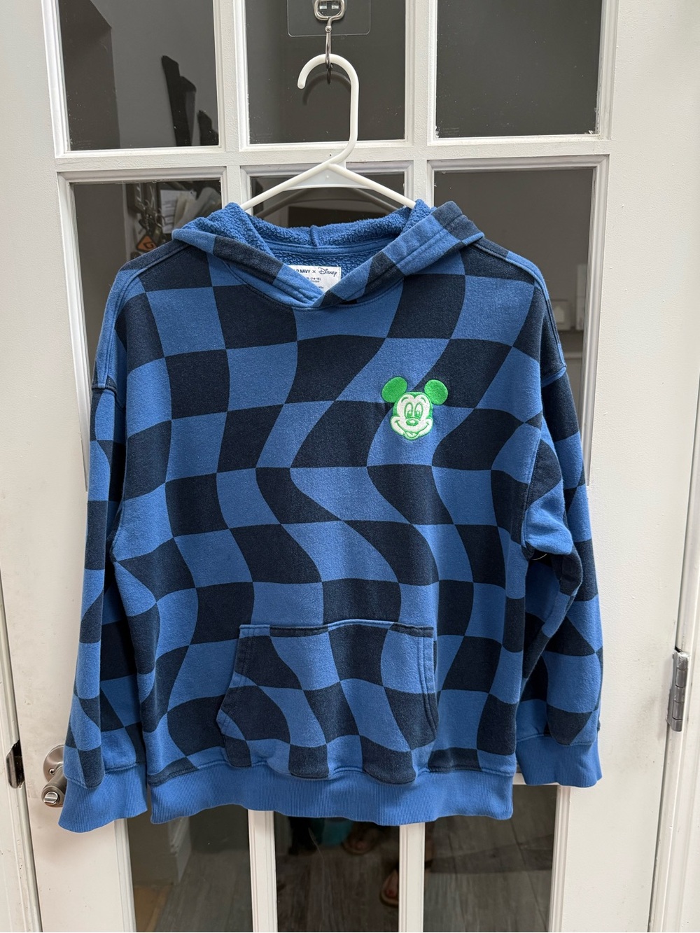 Old Navy Blue and Black Checkerboard Kids Hoodie with Green Mickey Patch